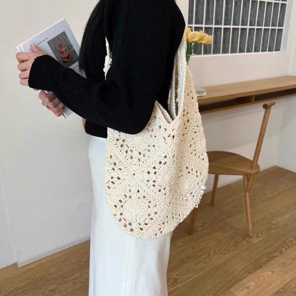 Crochet Beach Bag Women's Cotton Large Capacity Summer Tote Multi-Occasion - Picture 6 of 7